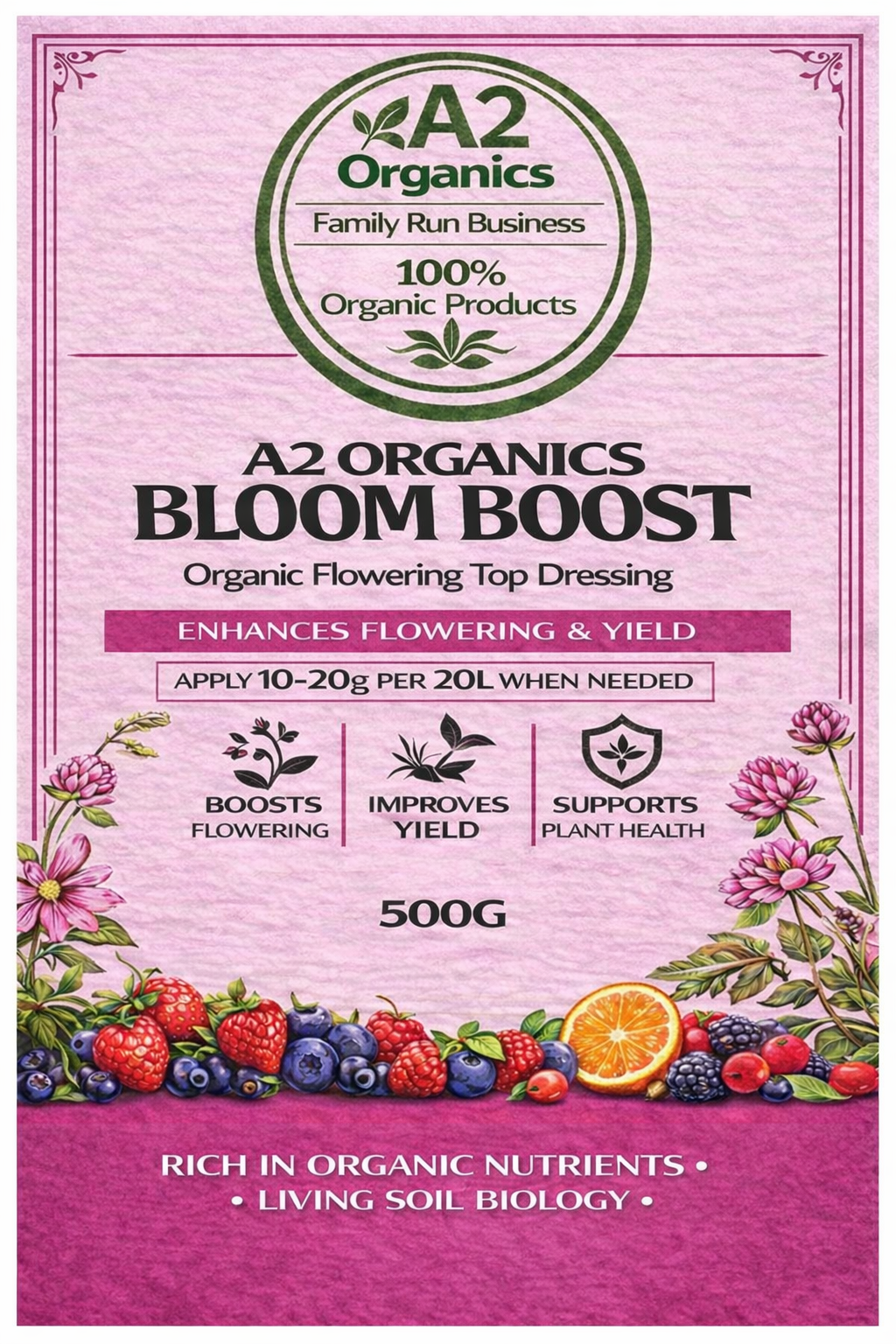 A2 Organics Bloom Top Dress โ Living Soil Organic Nutrient Blend (500g)